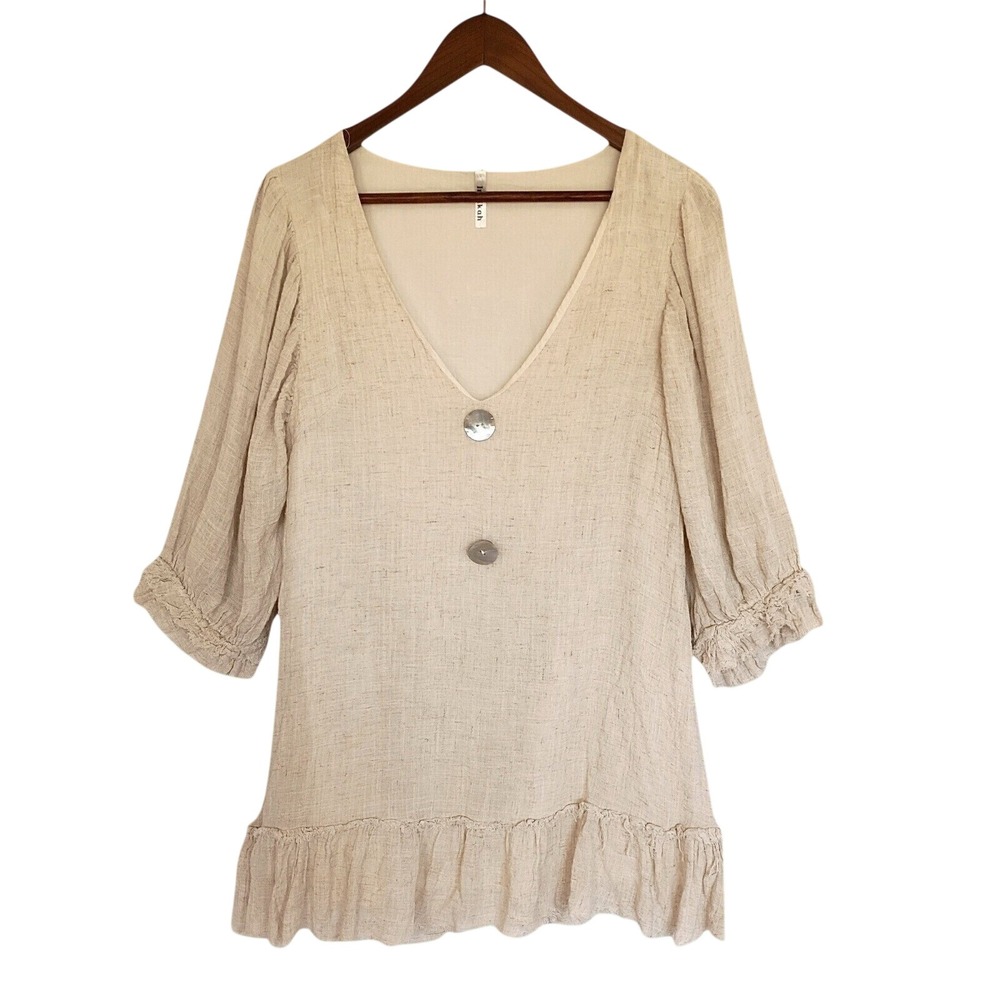 Indikah Linen Blend V-Neck Ruffle Fray Tunic Top Beige Cream M Boho Cottage